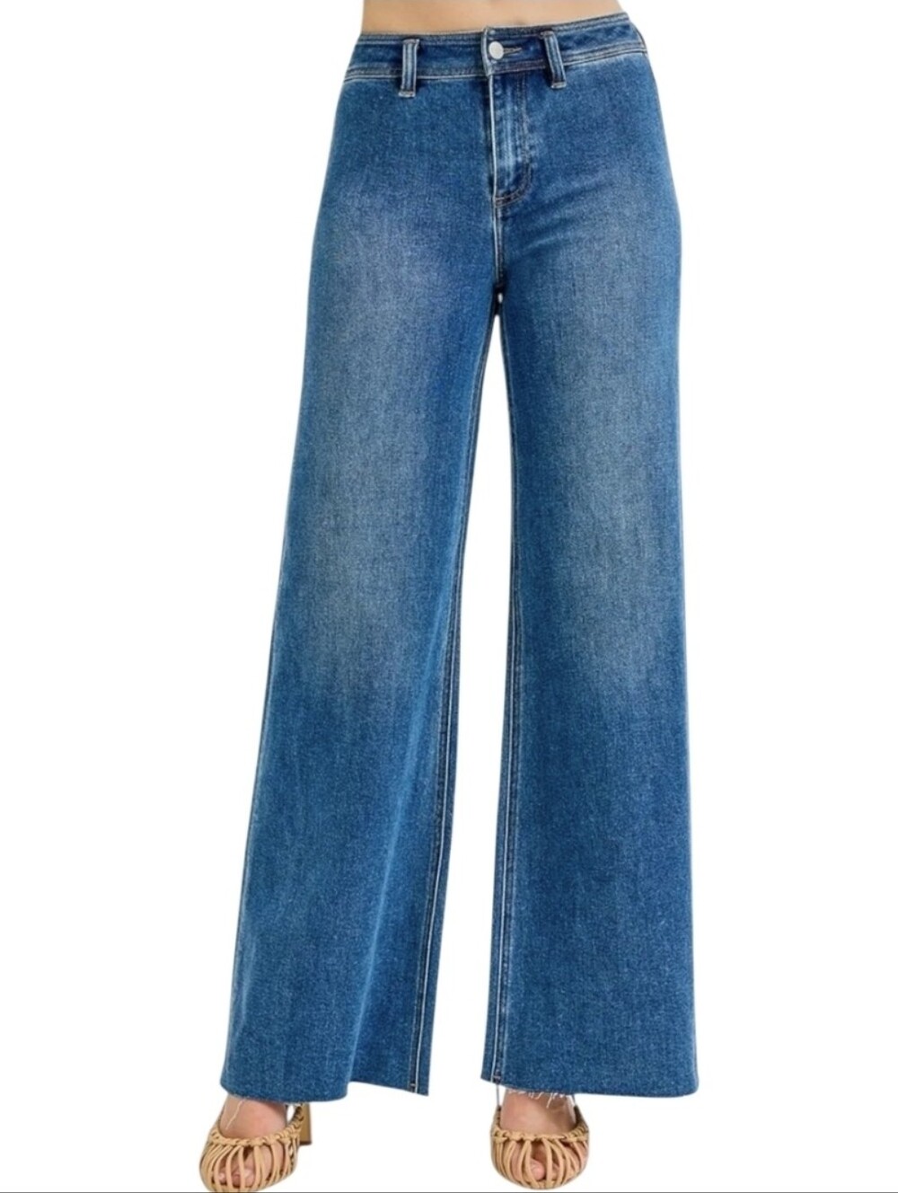 Risen Jeans High Rise Wide Leg Raw Hem Jeans Medium Wash Stretch 0 24